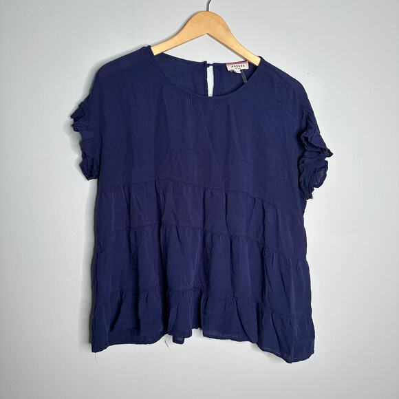Andree by Unit Women's Navy Blue Tiered Textured‎ Ruffle Sleeve Blouse Size L - Picture 1 of 5